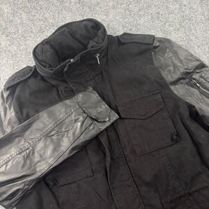 21Men Field Jacket Large Black Faux Leather Sleeve Mixed Media Mens